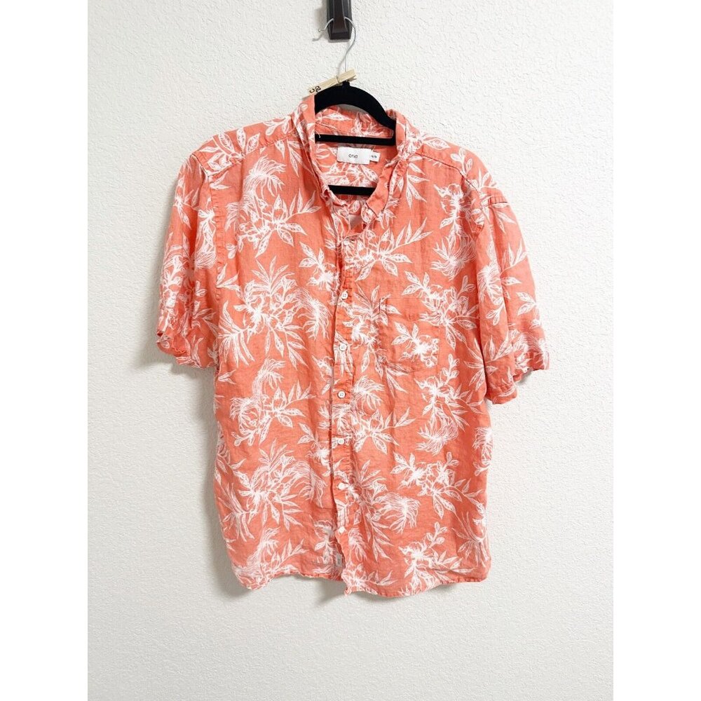 Onia Mens Hawaiian Floral Button Down Shirt Short‎ Sleeve Linen Coral Orange XXL